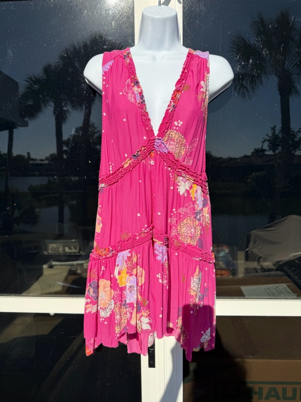Free People Magenta Floral V-Neck Tiered Blouse